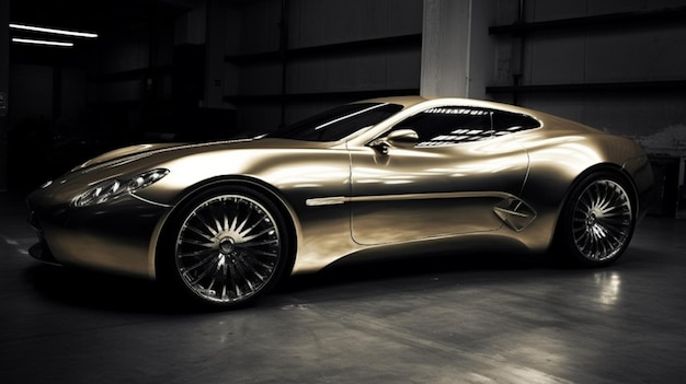 A gold car that is in a garage