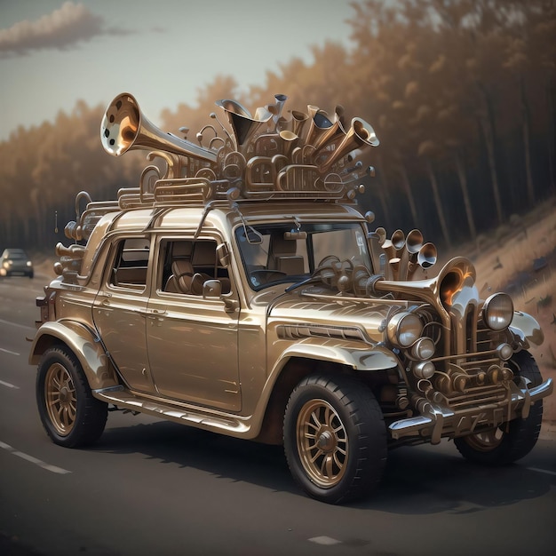 a gold car with trumpets driving on street