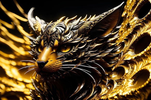 A gold cat with yellow eyes and a black background