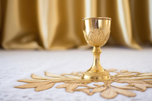 Photo a gold ceremonial goblet on a white aisle runner