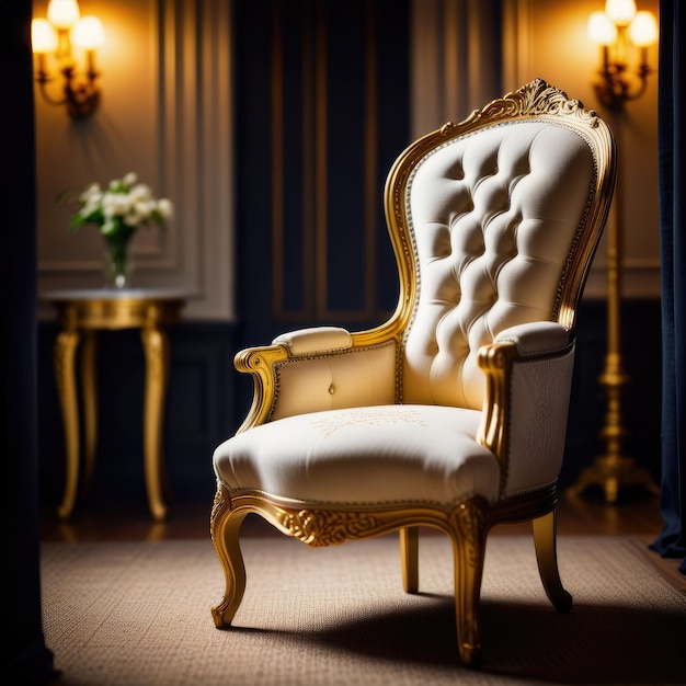 a gold chair with a white cushion sits in a room with a table and a lamp