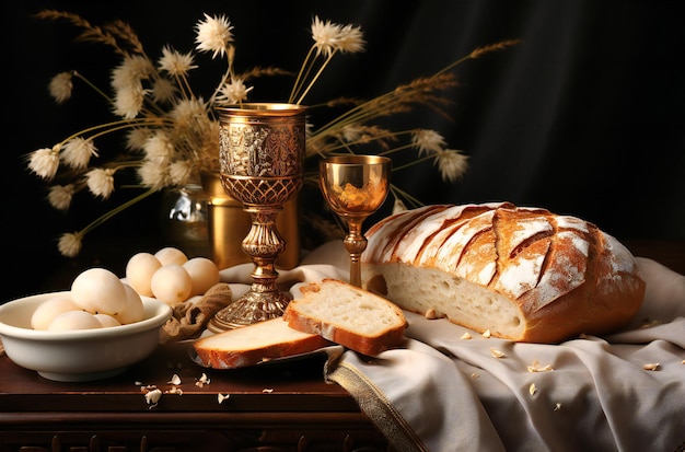 gold chalice with a cross and loaf of bread