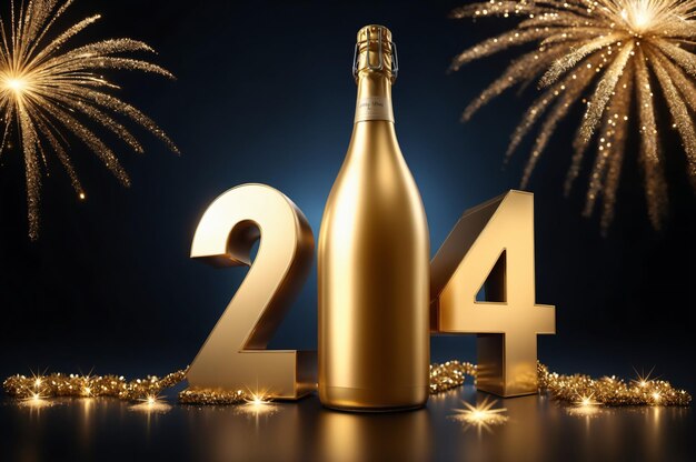 Foto bottiglia d'oro di champagne con i numeri 2024 cielo notturno fuochi d'artificio orizzonte della città e riflesso dell'acqua