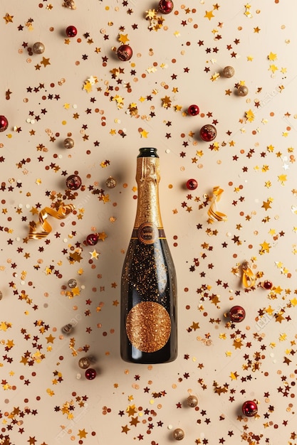 Gold champagne bottle with red and gold ornaments on a beige background