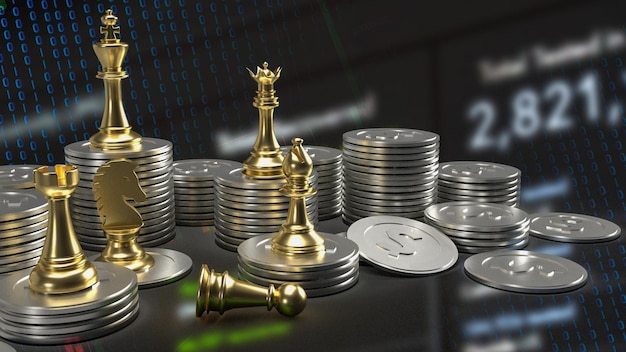 Gold chess and coins for business concept 3d rendering