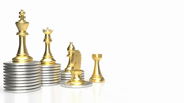 The gold chess and coins on white background for Business concept 3d rendering