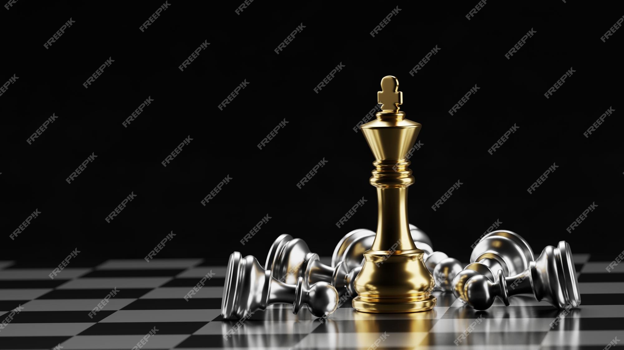 Gold king chess piece win over lying down pawn on black background