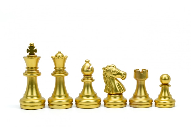 Gold chess piece stand in a row isolated on white (king, queen, bishop, knight, rook, pawn). Clipping path