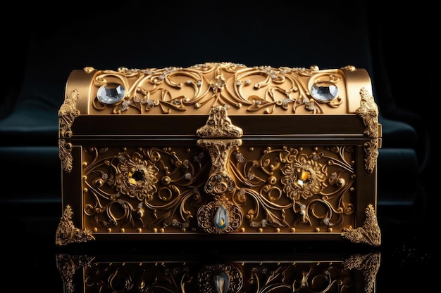 Photo gold chest adorned with jewels against a black backdrop symbolizes riches and openness subtle