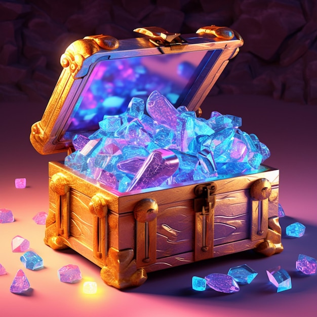 Photo gold chest with lots of diamonds 3d illustration in the style of light violet and light amber