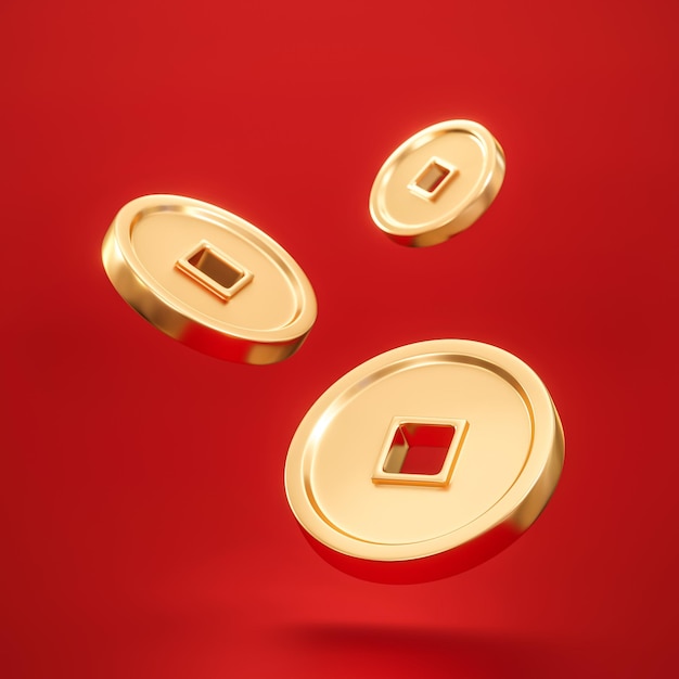 東洋の伝統的な月の祭りやお祝いの幸運のお金の繁栄と中国の新年のお祝いの黄金の通貨のインゴットのシンボルの金の中国古銭は、富の宝の現金で赤い3d背景にシンボルします。