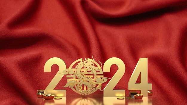 The gold Chinese money and dragon zodiac for 2024 year 3d rendering