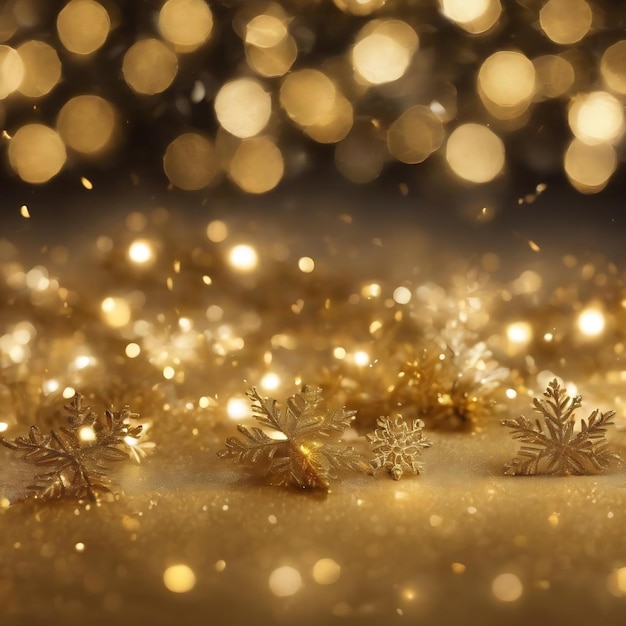 Photo gold christmas background with bokeh lights and snowflakes