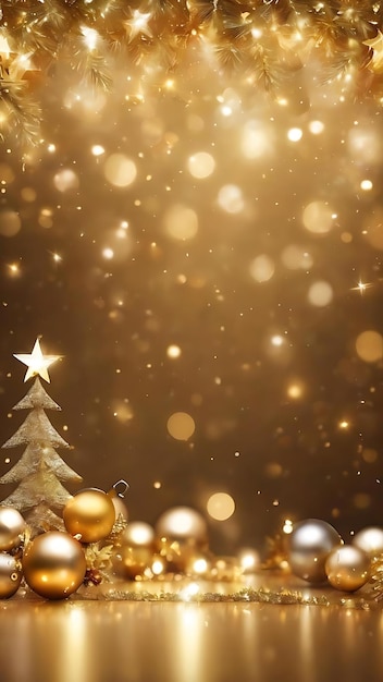 Gold christmas background with bokeh lights and stars