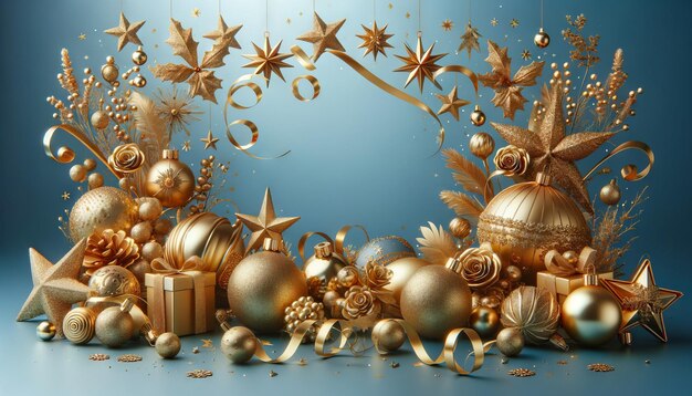 Gold Christmas Decorations on Blue Background