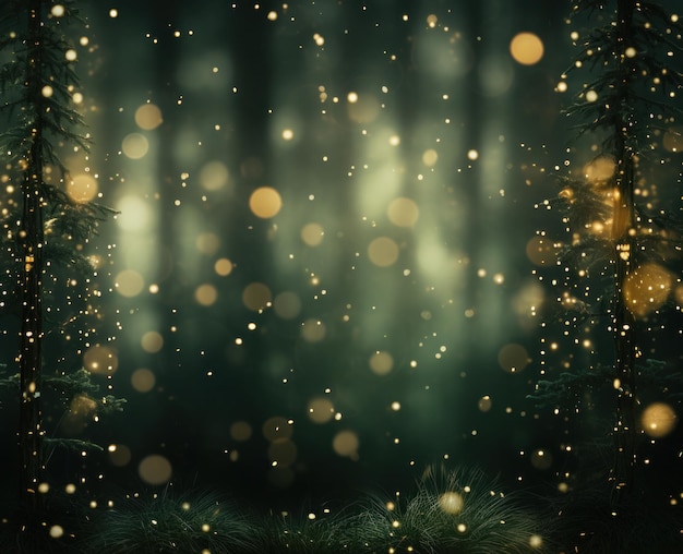 gold christmas lights on the green background with tree