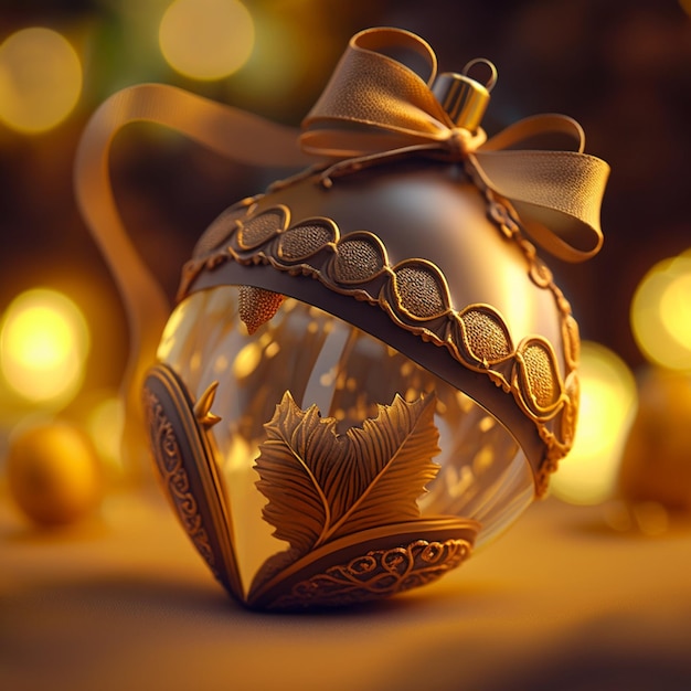 A gold christmas ornament with a bow on it