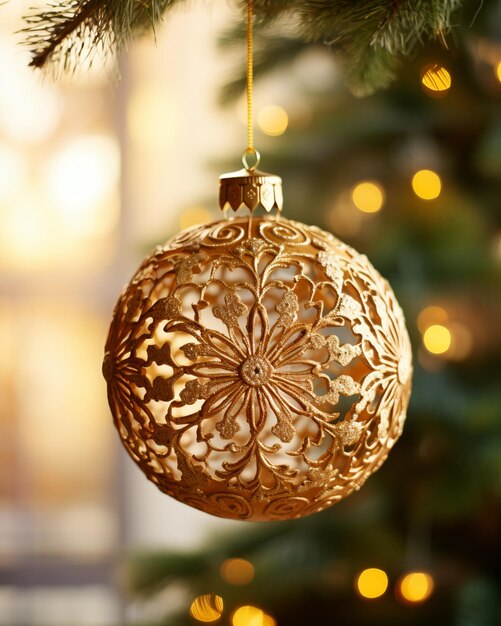 gold Christmas toy hanging on the tree AI Generative