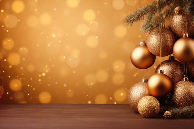 사진 크리스마스 나무 가지에 금색 크리스마스 트리 공 금색 보케 텍스트 공간