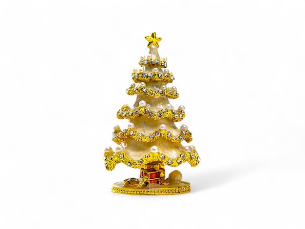 Gold Christmas tree decorations with stars on top on a white background