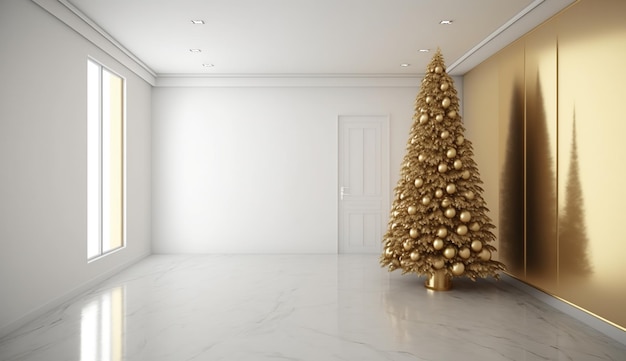 A gold christmas tree in a room with a white wall and a painting on the wall