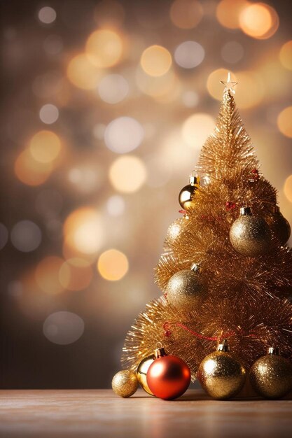 a gold christmas tree with ornaments on a table