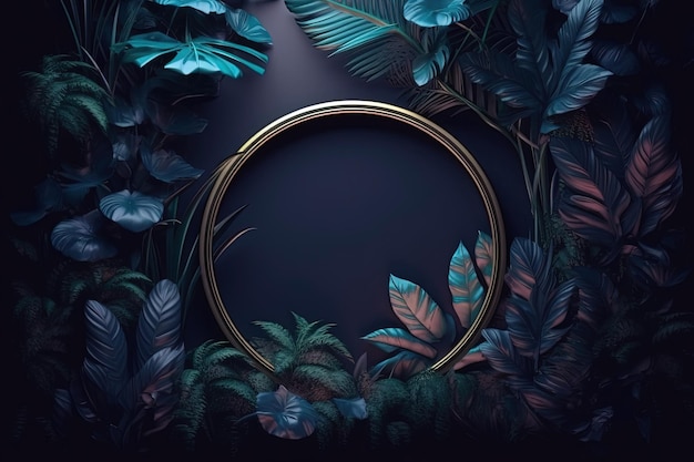 Gold circle frame surrounded by lush tropical foliage black background Generative AI