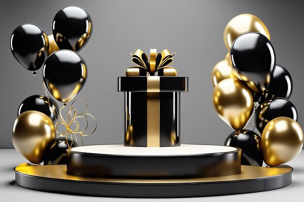 Gold Circle pedestal in eleglance luxuary gold balloon for product presentation Ai generated