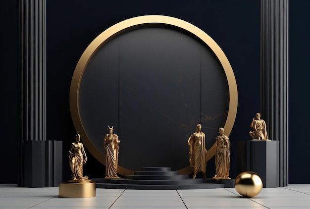 Gold circle stands behind it with golden statues on each corner in the style of dark azure