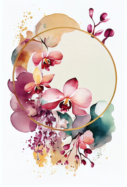 A gold circle with pink orchids and purple flowers.