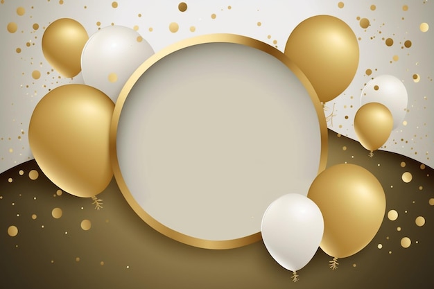 A gold circle with white and gold balloons in the center