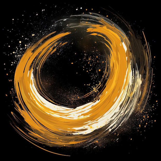 Photo gold circles in brush illustration on black background in the style of emotional gestural marks