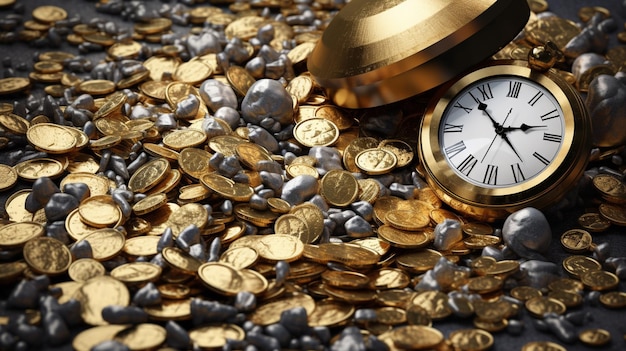 A gold clock sits on a pile of coins with the roman numerals on it.