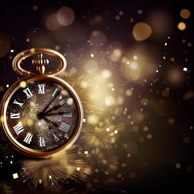 A gold clock with roman numerals is in front of a black background with lights.