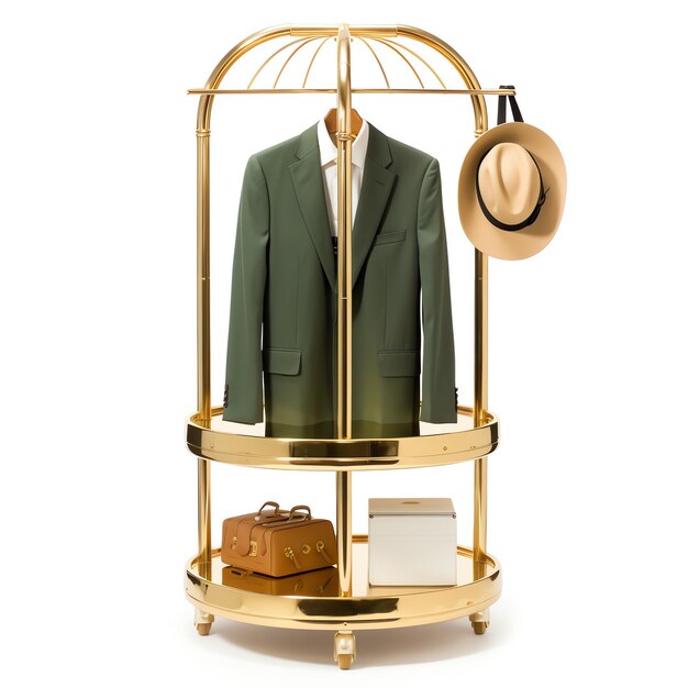 Photo a gold coat rack with a hat and a suit on it