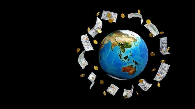 NASA3Dレンダリングによる世界中の金貨と紙幣または地球世界のビジネスコンセプト要素