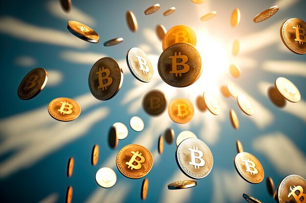 금화 Bitcoin 공중 부양 디지털 아트 Cryptocurrency 개념 Golden bitcoin