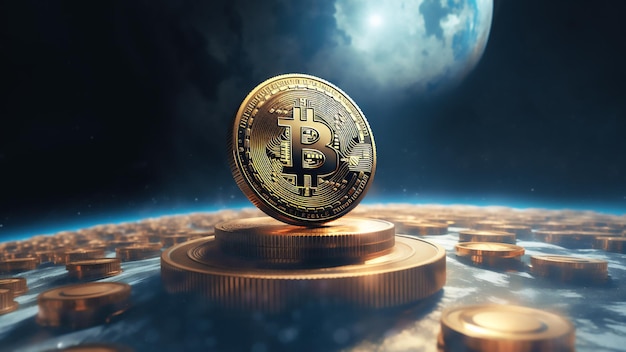 Gold coin bitcoin on a technology background
