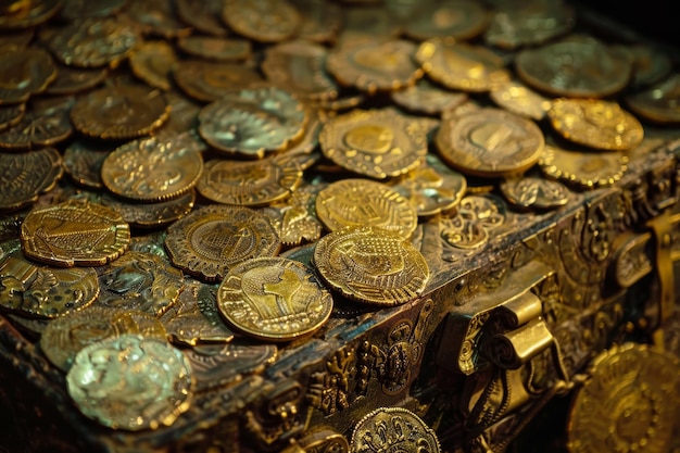 A gold coin collection is displayed in a wooden box