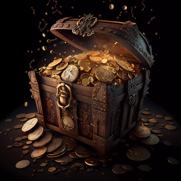 A gold coin is in the middle of a chest of coins.