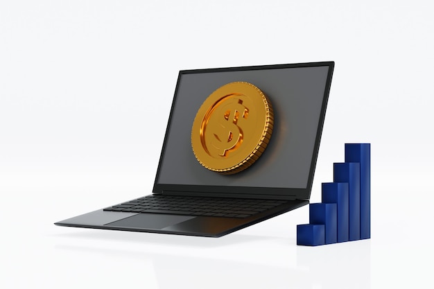 Gold coin money flying out of laptop screen online market success concept 3D rendering