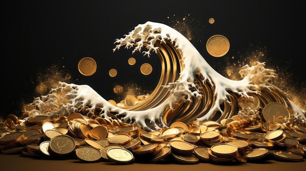 Gold coin money wave crypto sea concept finance metaverse business digital advertising 3D coin money currency gold rich fee golden cash exchange online futuristic pay profit technology Generative AI