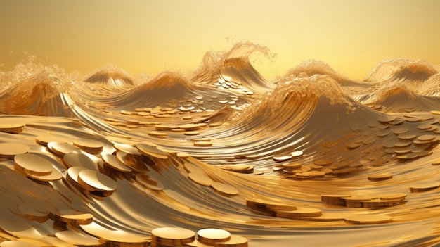 Gold coin money wave crypto sea concept finance metaverse business digital advertising 3D coin money currency gold rich fee golden cash exchange online futuristic pay profit technology Generative AI