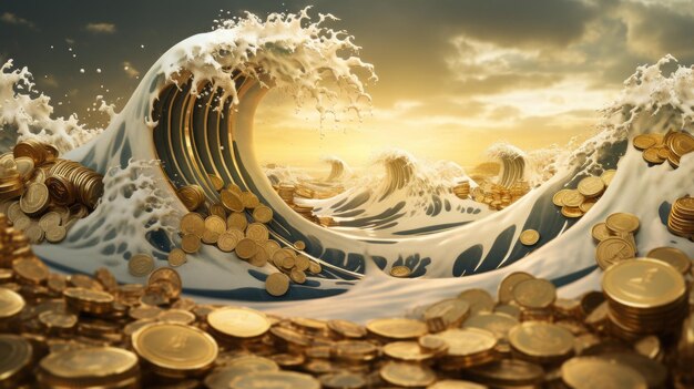 Золотая монета денежная волна криптовалюта море концепция финансы метавселенная бизнес цифровая реклама 3D монета деньги валюта золото богатая плата золотая денежная биржа онлайн футуристическая технология оплаты прибыли Генеративный ИИ