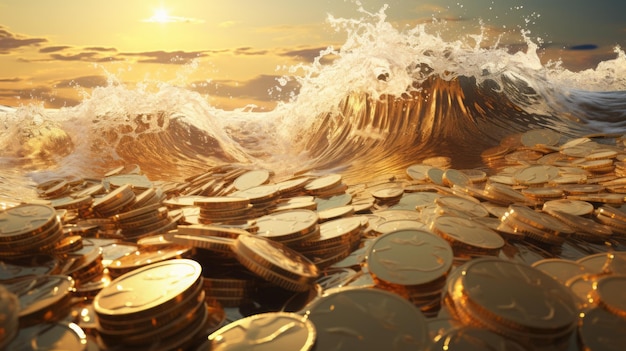 Gold coin money wave crypto sea concept finance metaverse business digital advertising 3D coin money currency gold rich fee golden cash exchange online futuristic pay profit technology Generative AI