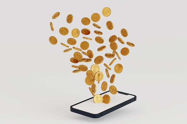 Gold coin overflow from smartphone display online business concept 3D rendering