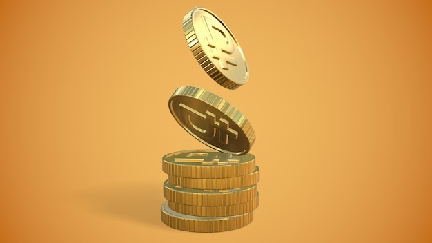 A gold coin Russian ruble on a golden background 3drendering