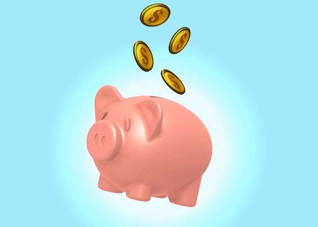 Gold coin spread into pink piggy bank float on blue background