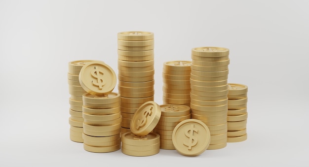 Стеки золотых монет со знаком доллара. Банковское дело и финансовая концепция. 3D рендеринг
