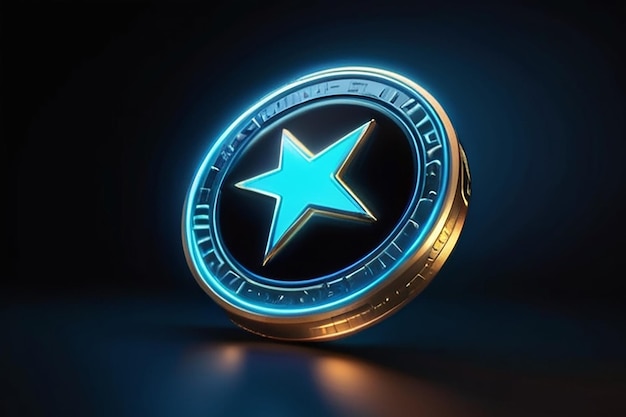 Gold coin and star with bright glowing futuristic blue neon lights on black